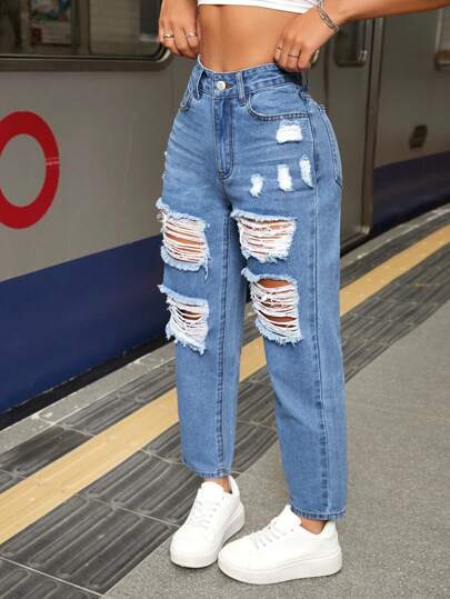 SHEIN Tall Jeans décontractés polyvalents, poches, effilochés pour femmes