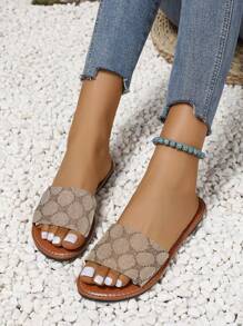 Women Comfortable Fabric Cute Elegant Pattern Round Toe Flat Casual Versatile Holiday Fashion Sandals, Spring/Summer - Brown - View 3