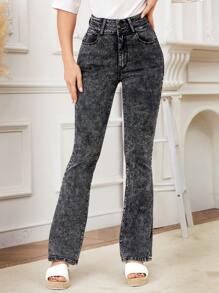 SHEIN LUNE Women's High Waisted Slim Fit Double Layered Flared Jeans - Dark Grey - View 3