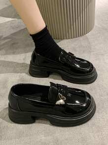 女式時尚楔型鞋跟和厚底漆皮鞋，舒適的休閒鞋 - 黑色 - 查看 4