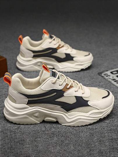 WANWEISI Men's Letter Graphic Color Block Lace-Up Sneakers, Fashionable Platform Shoes, School Casual Sports Shoes, Road Running Shoes - Men Tennis