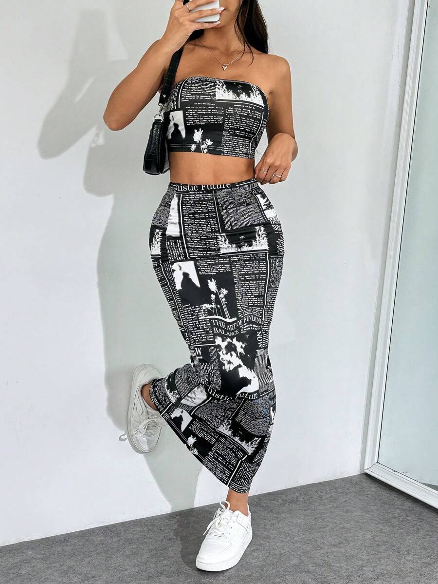 SHEIN EZwear Conjunto De Top Bandeau Tejido Para Mujeres Y Falda Larga Con Estampado De Eslogan, Ideal Para Verano - Negro - Ver 1