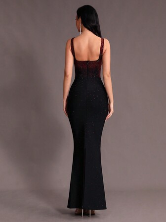 Modphy 새로운 패션 여성 블랙 럭셔리 라인스톤 민소매 섹시한 사각 넥 바디콘 맥시 어피시 테일 밴디지 드레스, 공식 웨딩 파티 이브닝 가운 웨딩 게스트 드레스