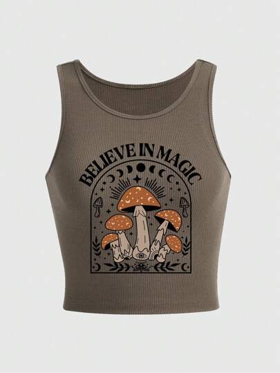 Fairycore Plus Size Summer Tank Top With Mushroom, Sun, Moon, Star And Mysterious Pattern Print And Tight Waist Design