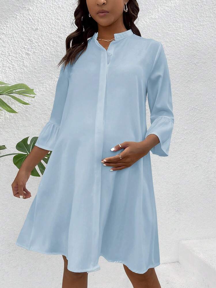 Maternity Solid Color Button-Front A-Line Dress With Bell Sleeve