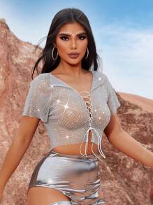 SHEIN SXY Perspective Dazzling Rhinestones Women's Rhinestone And Tie Front Sheer Top - Silver - View 5