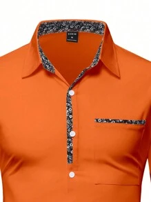 Manfinity Mode Áo sơ mi nam dài tay in họa tiết vá lỗi thời trang thường ngày màu cam, Áo sơ mi nam dài tay thường ngày, Áo sơ mi nam màu cam, Cho mùa thu - trái cam - Xem 6