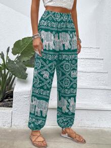 SHEIN Clasi 夏季boho風象印花束口褲 - 綠色 - 查看 4