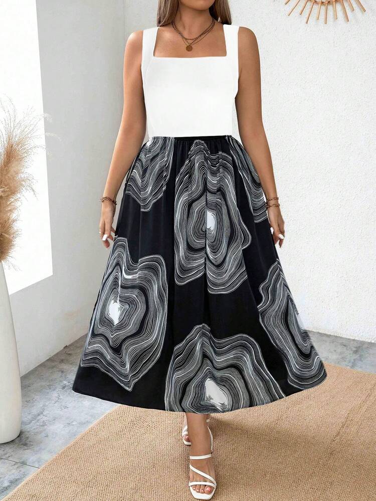 Plus Size Women's Summer Geometric Patchwork Print Square Neck Sleeveless Long Dress