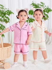 SHEIN 4pcs/Set Baby Girl's Casual Color Block Short Sleeve Cardigan And Elastic Waist Shorts Homewear - Multicolor - View 1