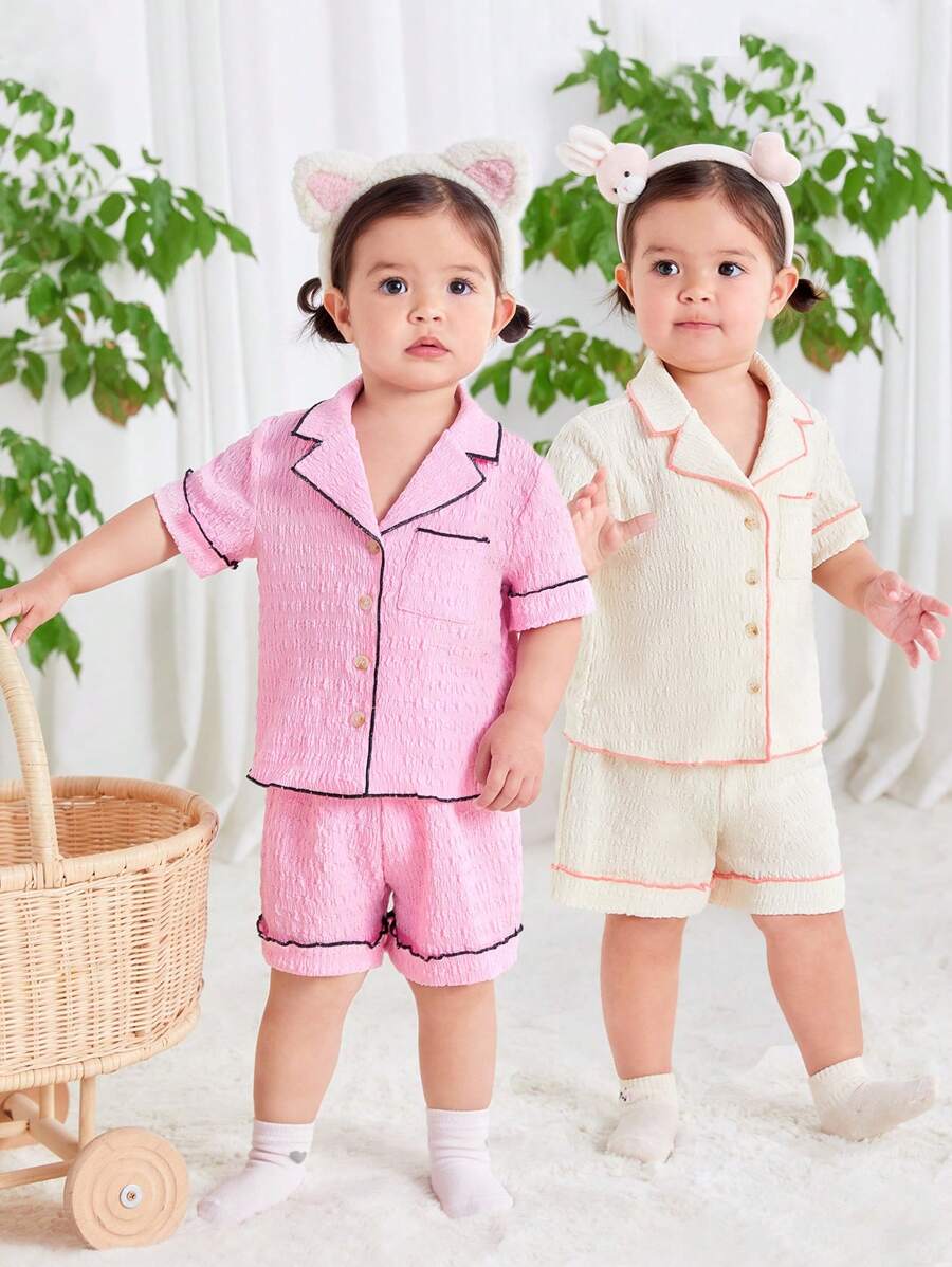 SHEIN 4pcs/Set Baby Girl's Casual Color Block Short Sleeve Cardigan And Elastic Waist Shorts Homewear - Multicolor - View 1