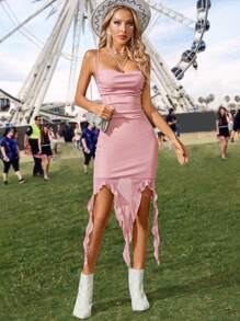 Chiquease Asymmetrical Ruffle Hem Split Strap Dress With Package Hips Design, Suitable For Summer