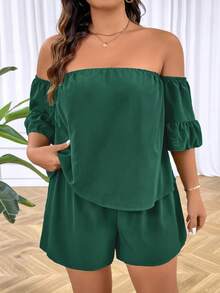 SHEIN LUNE Conjunto de 2 piezas para mujer de talla grande de blusa de hombros descubiertos y shorts de unicolor de verano - Verde - Ver 5