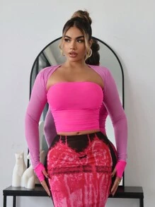 SHEIN SXY Bachelorette Party Concert Outfits  Clothes Casual Summer Color Block Mesh Splicing Thumb Hole Long Sleeve Top