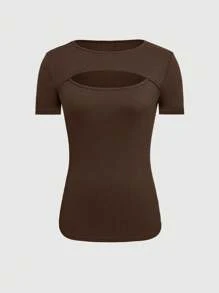 INAWLY Women's Solid Color Hollow Out Slim Fit T-Shirt - Brown - View 3