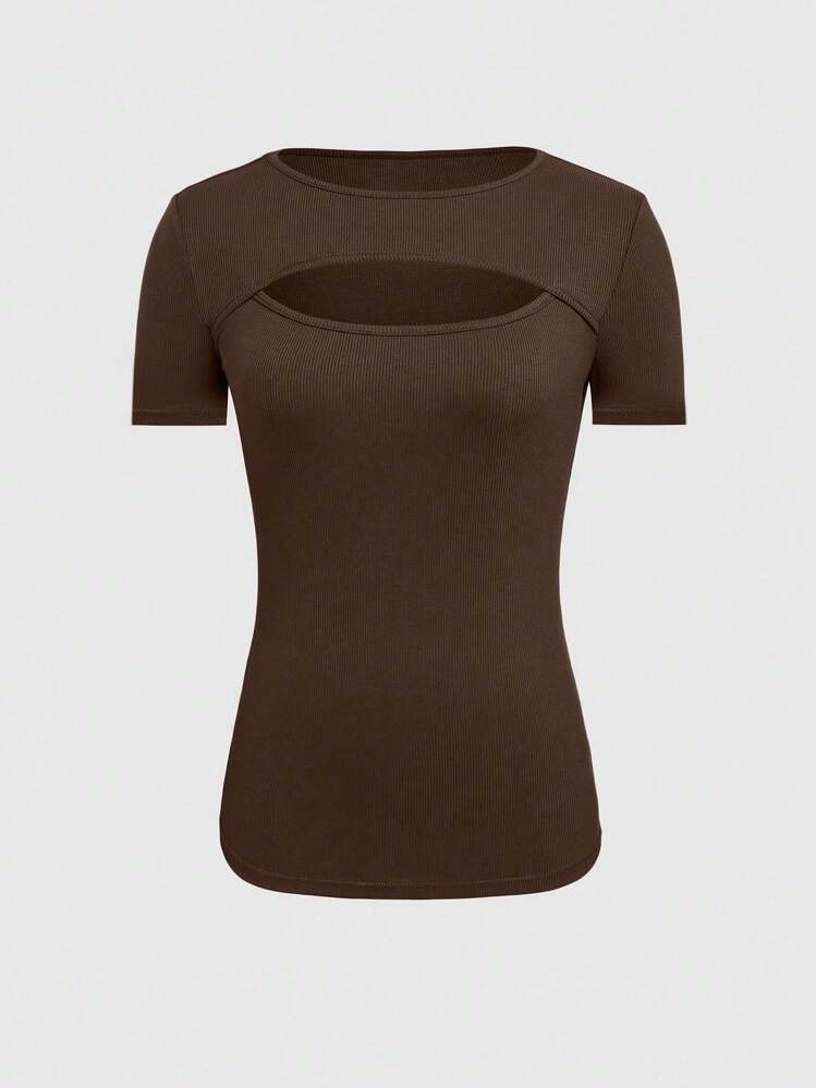 INAWLY Camiseta Feminina De Ajuste Slim, Cor Sólida E Vazada - Castanho - Visão 3