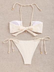 SHEIN Swim 夏季海灘女士純色質感領口比基尼套裝