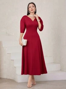 Modelyn 勃艮第红色女士 V 领泡泡袖收腰连衣裙长款晚礼服 - 酒紅色 - 查看 4