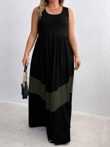 SHEIN Holidaya Plus Size Boho Color Block Patchwork Sleeveless Dress, For Summer - Army Green - View 5
