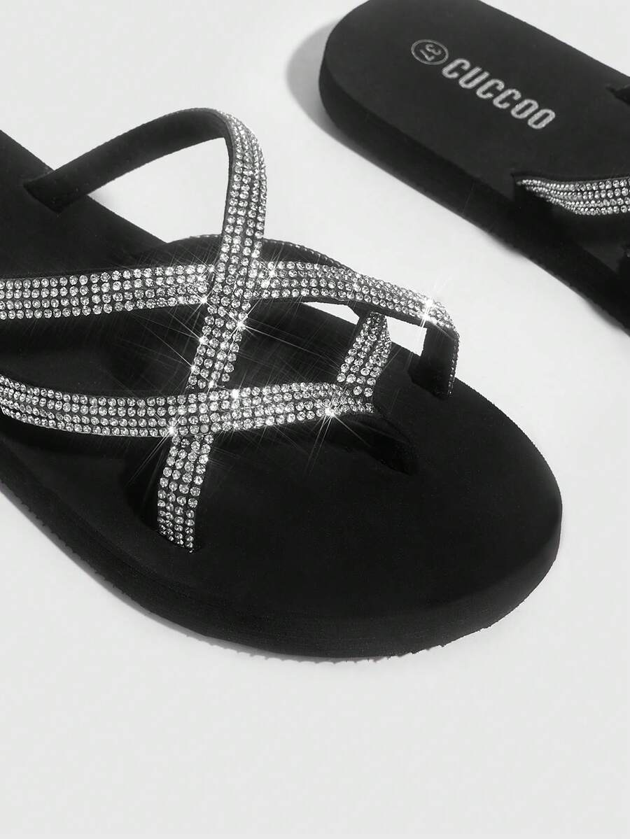 Fashionable Black Rhinestone Decorated Slippers For Women Vacation
