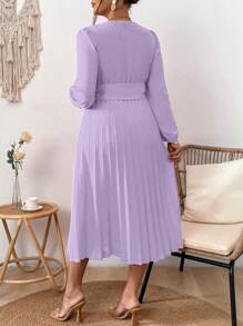 Plus Size Solid Color Lantern Sleeve Dress With Pleated Hem - Purple - View 2