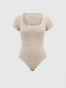 Calvaya Women's Square Neck Solid Color Short Sleeve Bodysuit And Drawstring Waist Pants Casual Two-Piece Set For Summer