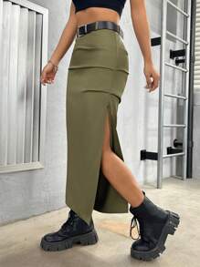 SHEIN PETITE Ladies' Military Green Pleated High Slit Skirt - Army Green - View 3