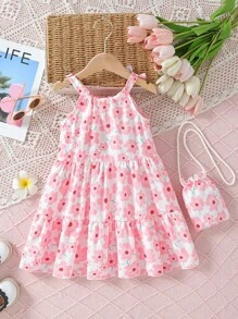 SHEIN Young Girl Floral Print Ruffle Hem Sleeveless Dress - Pink - View 2