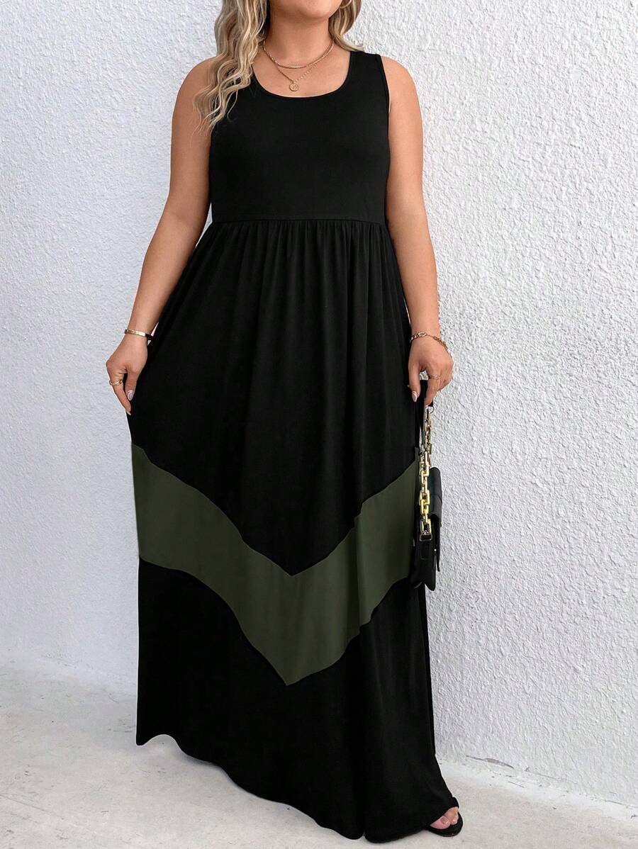 SHEIN Holidaya Plus Size Boho Color Block Patchwork Sleeveless Dress, For Summer - Army Green - View 1
