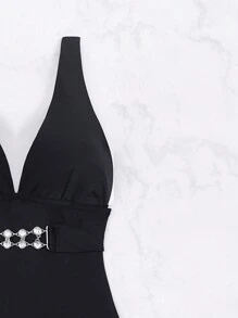 SHEIN Swim Women's Plain Deep V-Neck Swimsuit With Rhinestone Decor, Perfect For Summer, Beach, Pool - Black - View 4