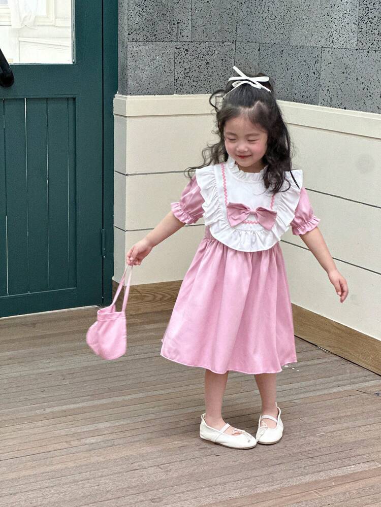 Young Girl's Bowknot Summer Dress With Ruffle Trim And Decorative Bag In Pink