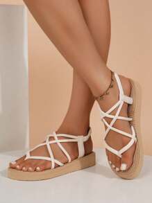 New Style Women Platform Sandals, Criss-Cross Strap Design, Simple & Fashionable, Light-Weight, Suitable For Beach, Vacation, Elegant & Versatile Low Heel, Beige - Beige - View 3