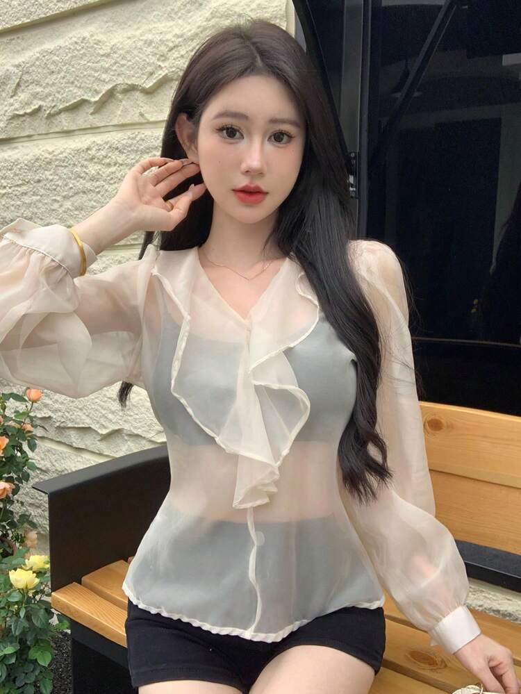 Women's Solid Color Sheer Mesh Ruffle Edge Long Sleeve Stylish Blouse