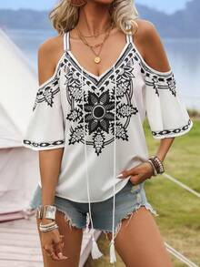 EMERY ROSE Women's Vacation Style Open Shoulder Short Sleeve Shirt With Floral Print - White - View 5