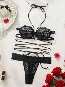 SHEIN Conjunto De Lencería Sexy Para Mujer Con Cordones - Negro - Ver 7