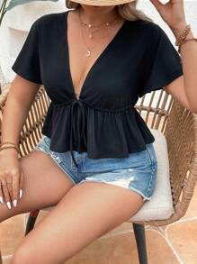 SHEIN VCAY Plus Size Vacation Style Ruffle Hem T-Shirt - Black - View 5