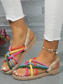 Women's Flat Rainbow Color Casual Sandals With Woven Rope Soles, Summer
