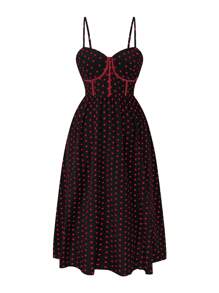 Celure 女式大码波尔卡圆点印花细肩带连衣裙，收腰设计，适合夏季超长女装 - 彩色 - 查看 1