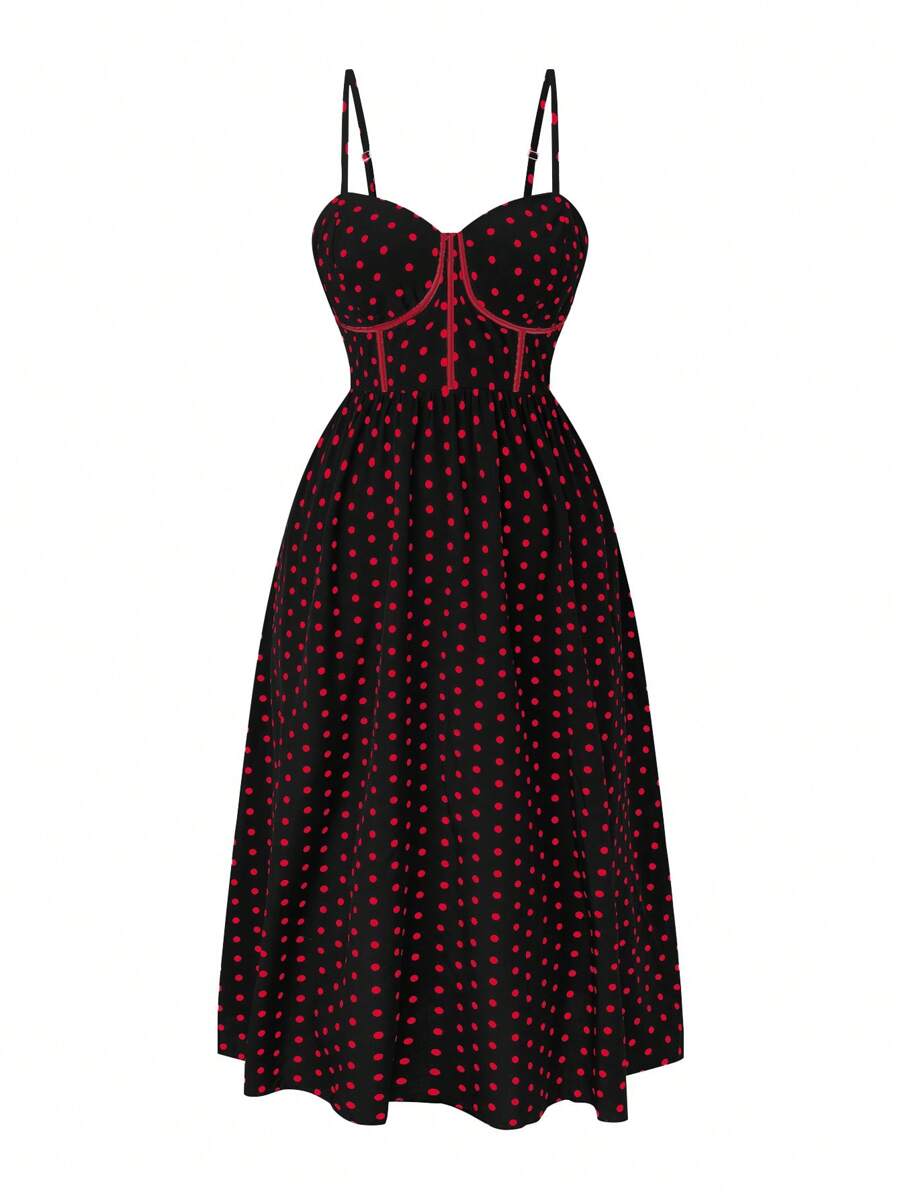 Celure 女式大码波尔卡圆点印花细肩带连衣裙，收腰设计，适合夏季超长女装 - 彩色 - 查看 1