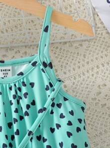 SHEIN Young Girl New Heart Printed Sleeveless Jumpsuit With Elastic Waist And Spaghetti Straps