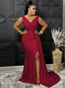 Sleeveless V-Neck Slit Sexy And Elegant Women's Evening Gown In Burgundy Party Dress Wedding Guest Dress Formal Dress Evening Dress - Burgundy - View 3