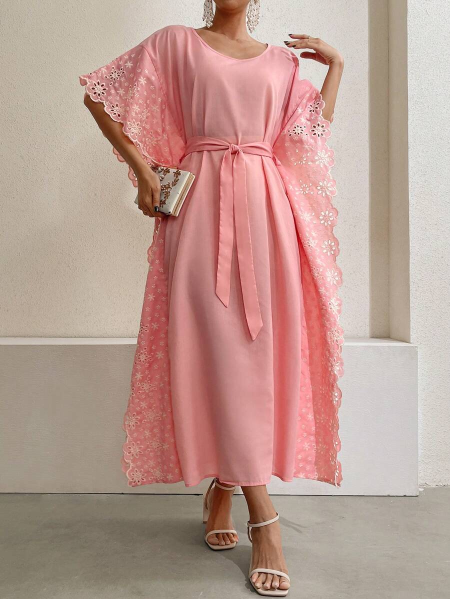 Al Najma Women's Round Neck Loose-Fit Turkish Long Shirt With Patchwork, Burned Out Embroidery & Batwing Sleeves Kaftan Jalabiya Dress - Pink - View 1