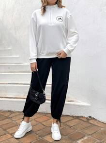 SHEIN Sports 大碼寬鬆字母印花半拉鍊運動帽衫