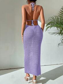 SHEIN VCAY Crochet Halter Neck Backless Dress - Lilac Purple - View 2