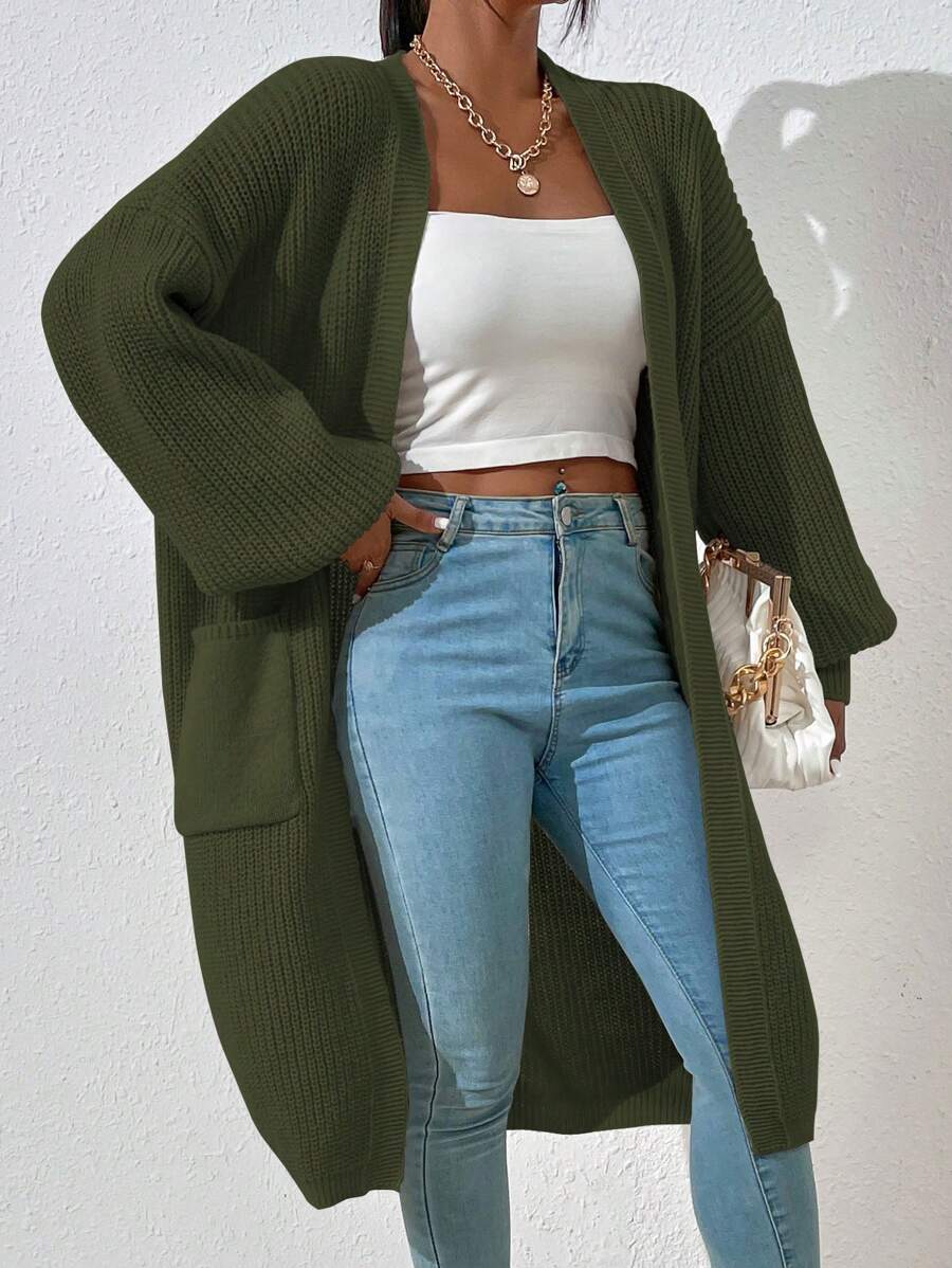 EMERY ROSE Solid Color Simple Long Sleeve Cardigan,Long Sleeve Tops Fall Winter Cloth For Women - Army Green - View 1