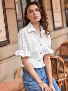 SHEIN Frenchy Ruffled Puff Sleeve Short Blouse For Summer Casual Wear White - White - View 3