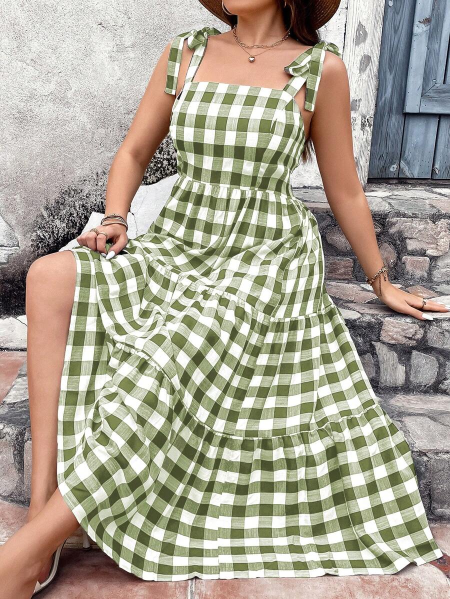 Breezaya 大尺碼格紋肩帶連衣裙 - 軍綠色 - 查看 1