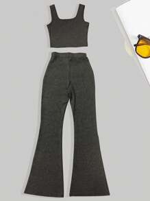 SHEIN Slayr Bộ đồ hai mảnh áo ba lỗ ngắn màu trơn và quần ống loe mùa hè cho nữ - Màu xám đen - Xem 2