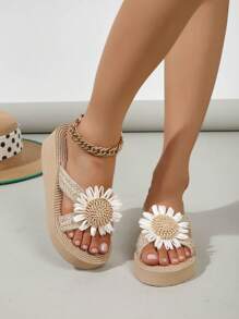 Women's Cross Strap Flat Sandals With Braided Rope, Simple Design And Platform Sole Suitable For All Seasons - Beige - View 5