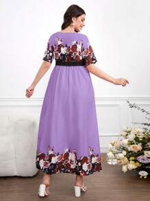 SHEIN Maternity Floral Print Short Sleeve Round Neck Summer Dress - Mauve Purple - View 2